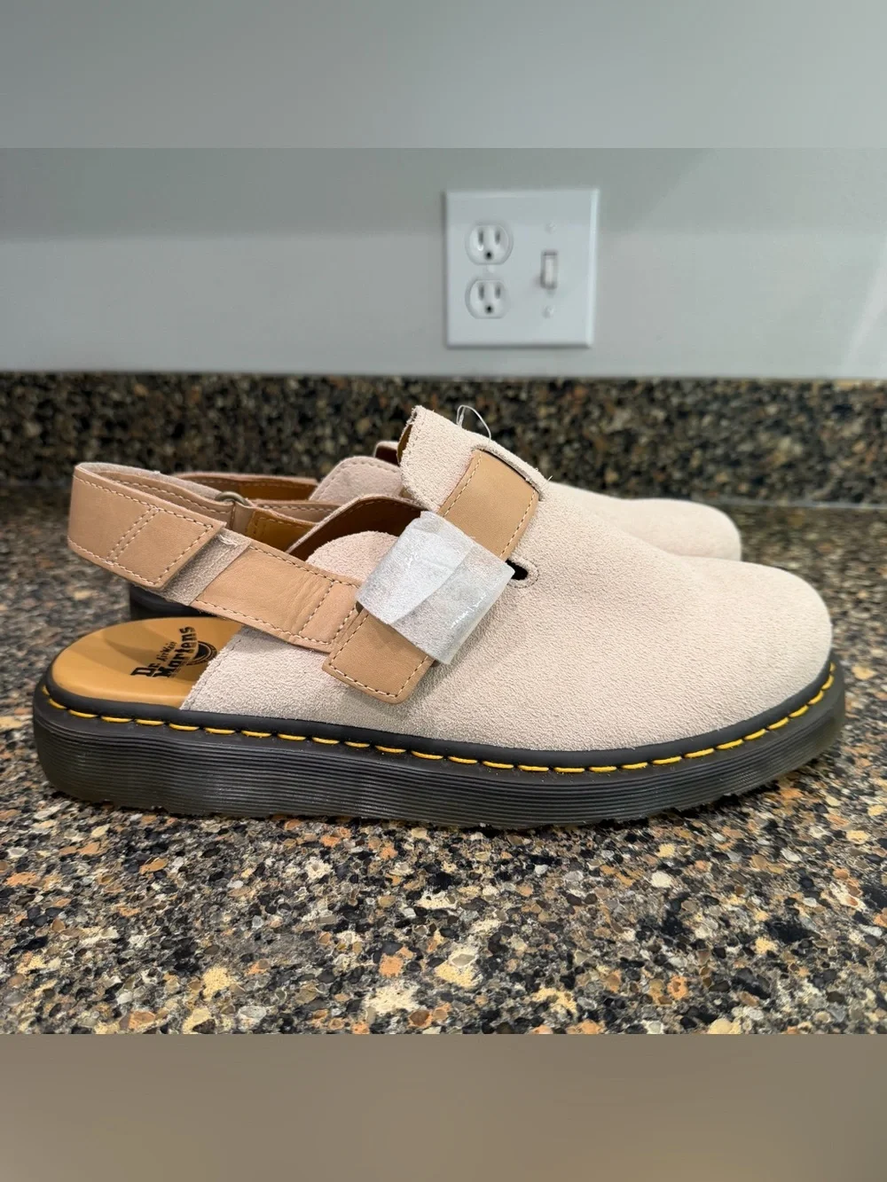 Dr martens Jorge Beige Suede Slingback Clog with Yellow Stitching